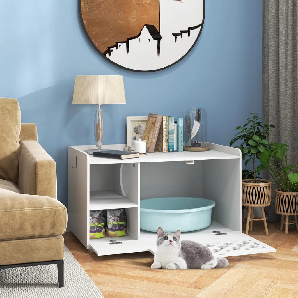 Mobile per Lettiera per Gatti, Panca per Lettiera per Gatti, Mobile Contenitore con Cuscino Rimovibile per Gatti da Interno, Bianco, 90 x 48,5 x 52 cm