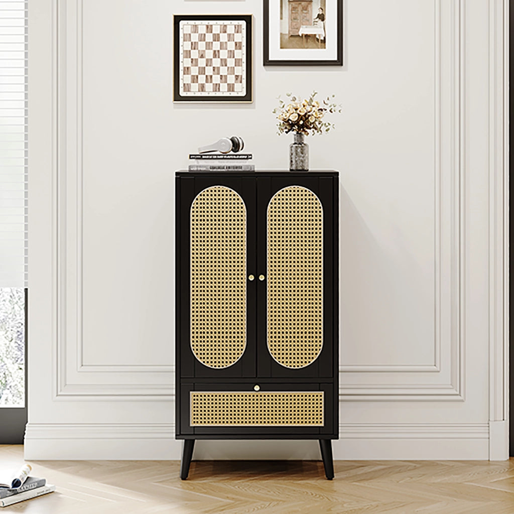 CREDENZA 60x40x110,5 cm nera con 2 ante e 1 cassetto, design rattan