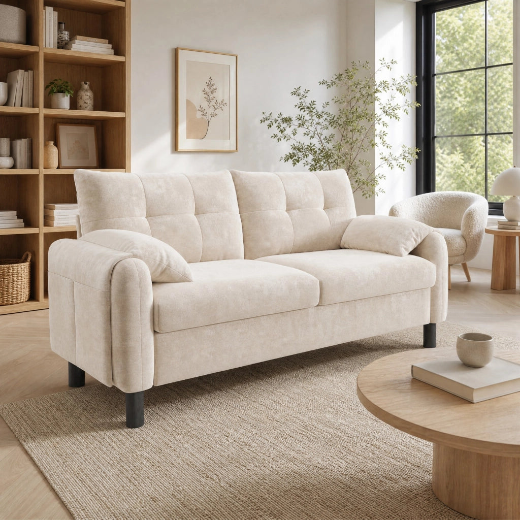 Divano 2 posti compatto in tessuto chenille beige; 158 cm; con tasche laterali