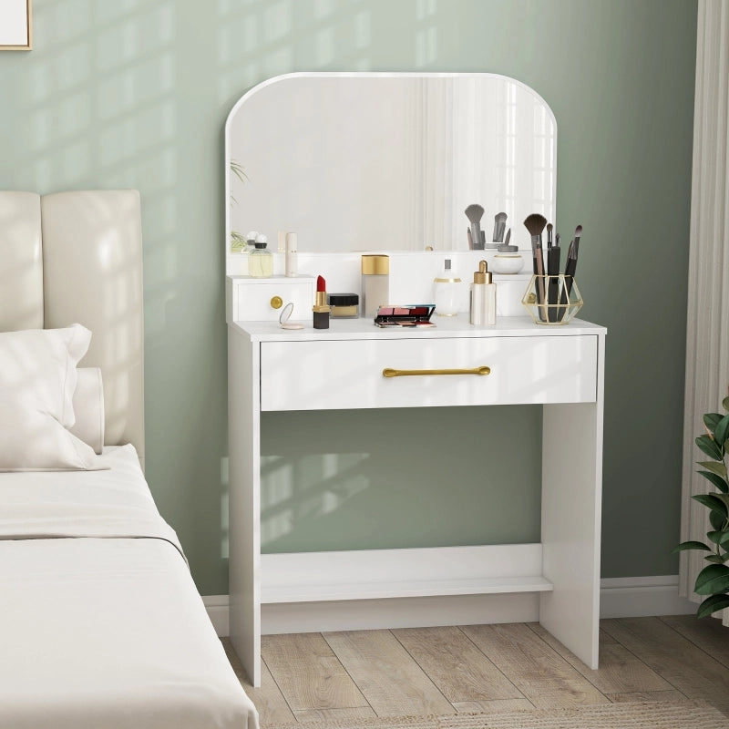 Tavolo da trucco con specchio, compatto, con 3 cassetti, bianco