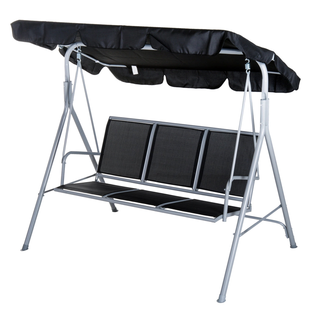 Dondolo da Giardino 3 Posti con Tettuccio Parasole Regolabile Rimovibile, Dondolo da Esterno con Seduta Traspirante in Poliestere, Portata 240 kg, 171x108x154 cm, Nero