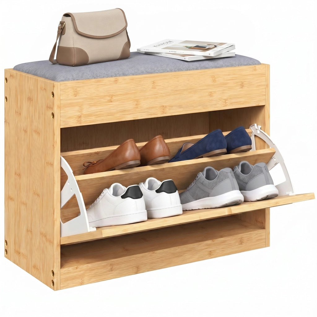 Banc chaussures entr¨¦e ¨C zephmum ¨C panca in bamb¨´ con seduta imbottita, porta in rotin e ripiano regolabile