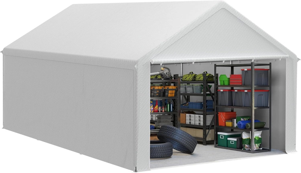 Casetta per attrezzi da giardino, 12 m³, in PE, con pareti laterali rimovibili, resistente all'inverno, per garage, per attrezzi da giardino, moto, bicicletta, colore bianco