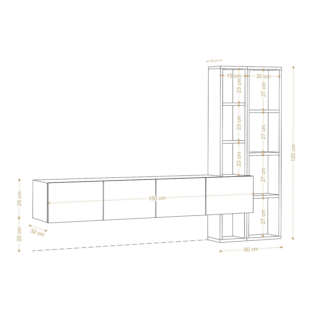 Porta TV in legno "Pana" - 182 x 32 x 25 cm - Bianco, Rovere