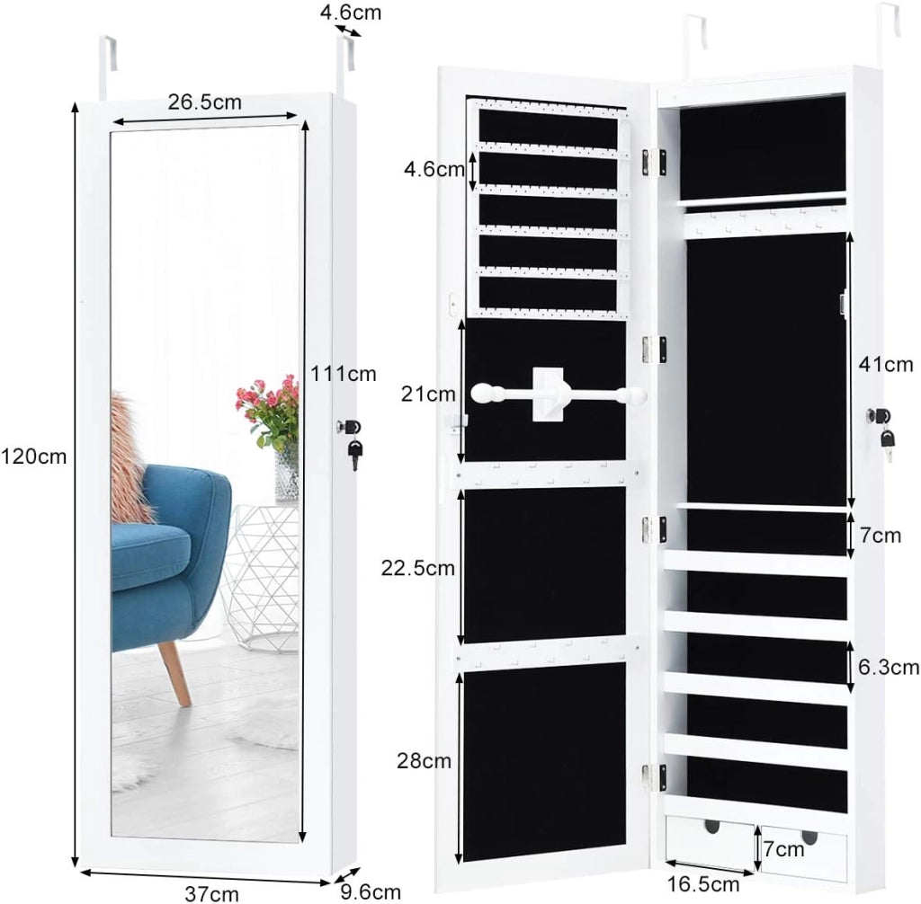 Armadietto Portagioie con 15 LED da Appendere alla Porta, Armadietto a Specchio Chiudibile con Specchio Completo, 5 Scomparti e 2 Cassetti, 120x36,5x10 cm, Bianco