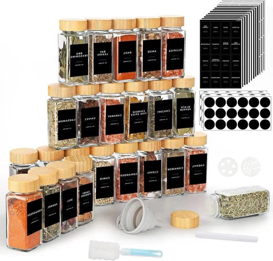 Set di contenitori per erbe in vetro e legno da 24 pezzi - inclusi 246 etichette per erbe francesi - cassetto da cucina con setaccio, spazzola e secchio Contenitori per erbe