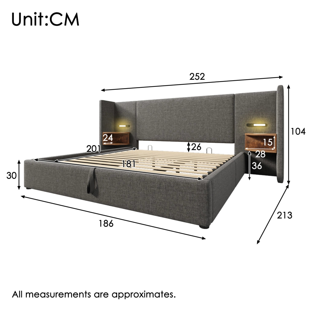 Letto matrimoniale imbottito con contenitore, lampada da lettura e ricarica USB Type-C