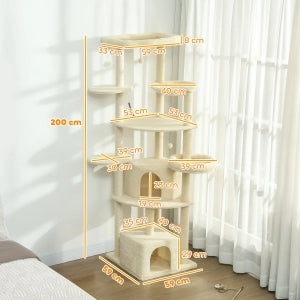 Albero tiragraffi per gatti 200 cm con 2 cucce, 2 rifugi, 5 piattaforme e amaca, Beige