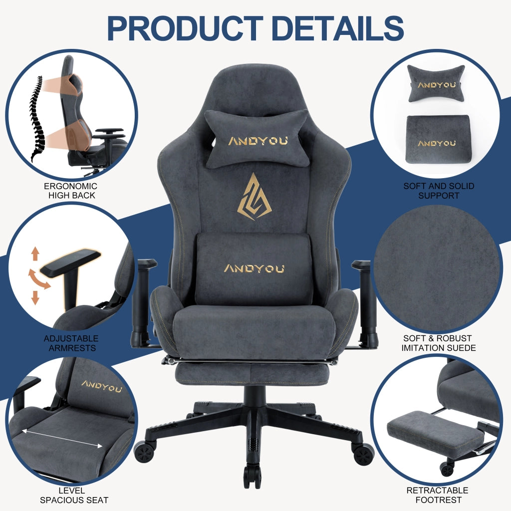 Sedia da gaming con poggiapiedi, regolabile e girevole ¨C zephmum ¨C Grigio