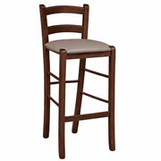 Sgabello in legno noce scuro h 67 cm con seduta imbottita in similpelle tortora