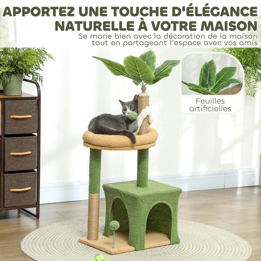 Tiragraffi per gatti con cuccia, palline e foglie artificiali ¨C Xylo ¨C 44x30x98 cm verde