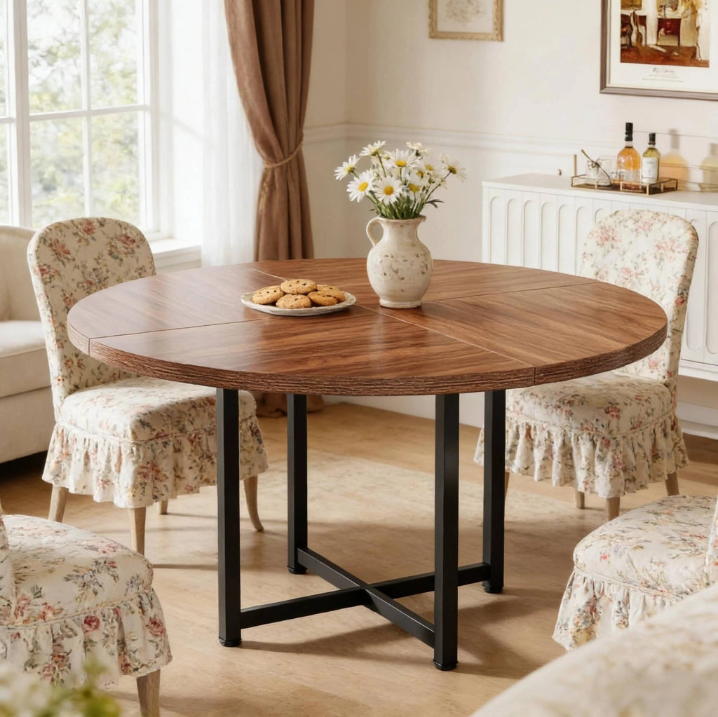 Tavolo da pranzo rotondo industriale 120 cm in metallo e legno; nero e marrone