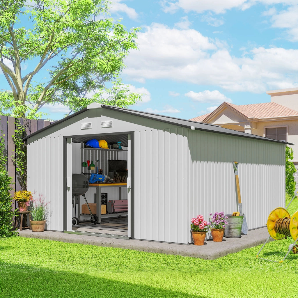 Casetta da Giardino 3.4x3.8x2 m in Acciaio con Doppia Porta Scorrevole e Tetto Inclinato, Argento