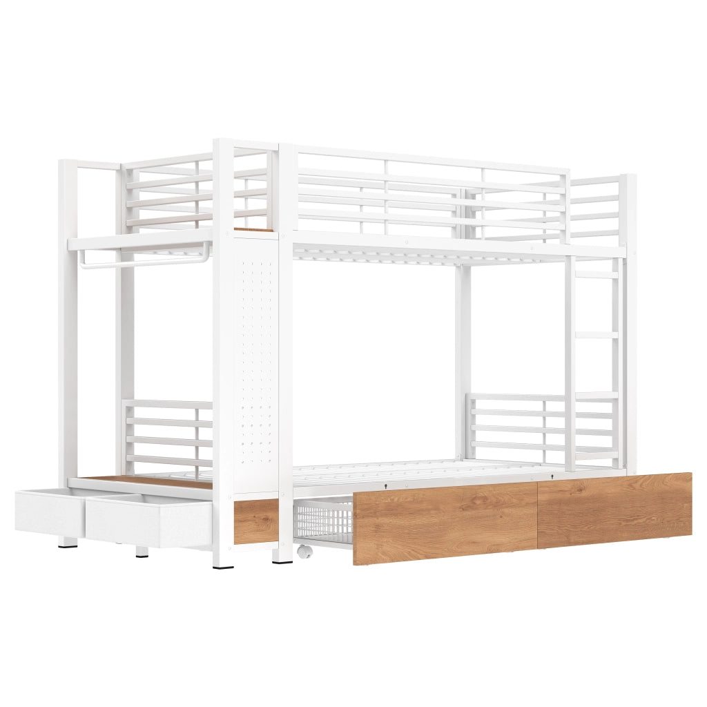 Letto a Castello 90 x 200 cm; 2 Posti; 4 Cassetti e LED in MDF e Metallo; Bianco