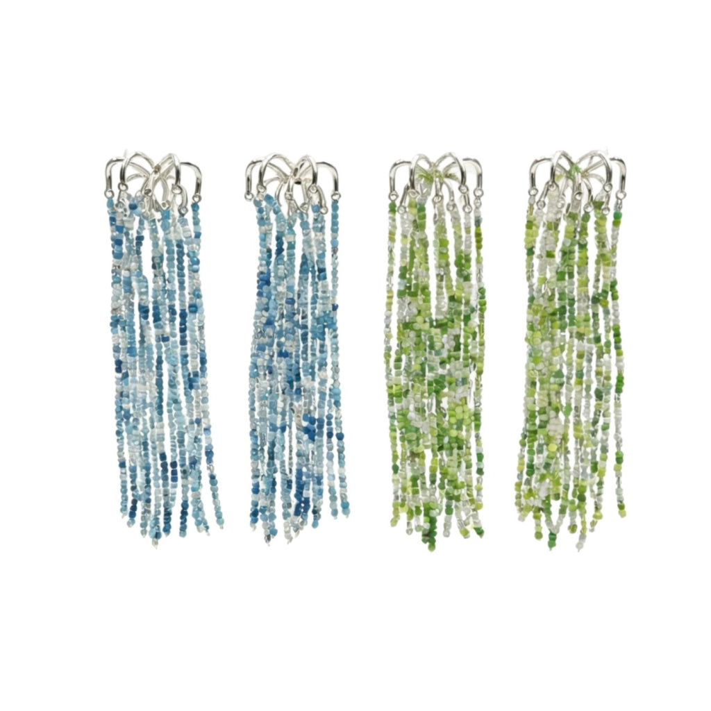 Orecchini pendenti con nappe sfumate di verde per donna, sofisticati orecchini con perline di cristallo a tema fuochi d'artificio.