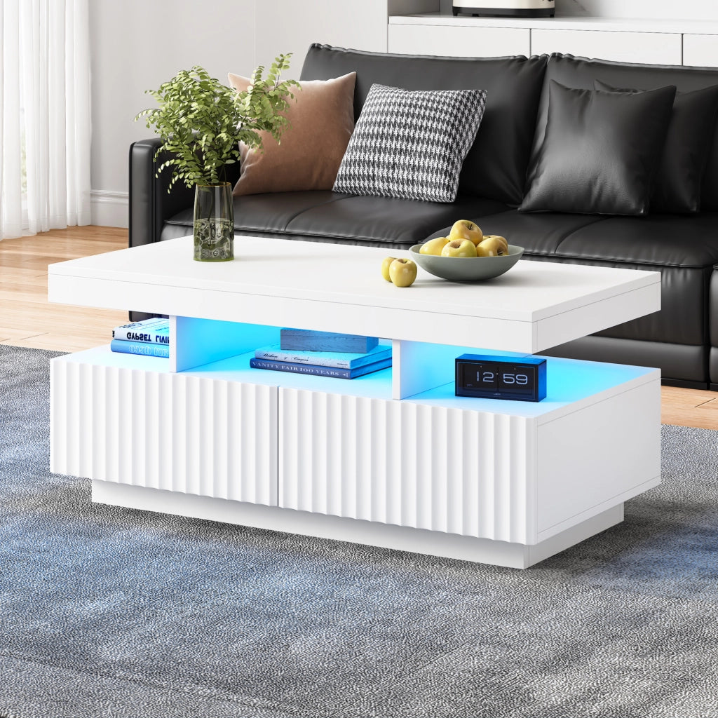 Tavolino da caffè bianco con 2 cassetti e LED, 100x50x45 cm