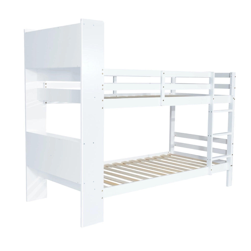 Letto a castello con ripiani e scala angolare a 3 gradini; 90x200 cm; bianco