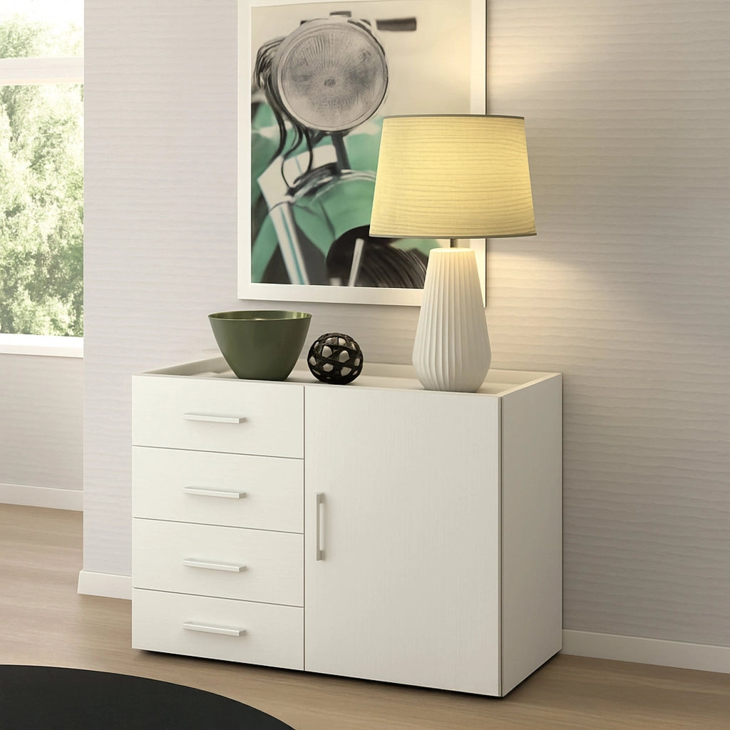 Credenza Aracnida, Mobile buffet a 1 anta e 4 cassetti, Madia da soggiorno, Armadietto multiuso con ripiani, Made in Italy, Cm 90x41h87, Bianco