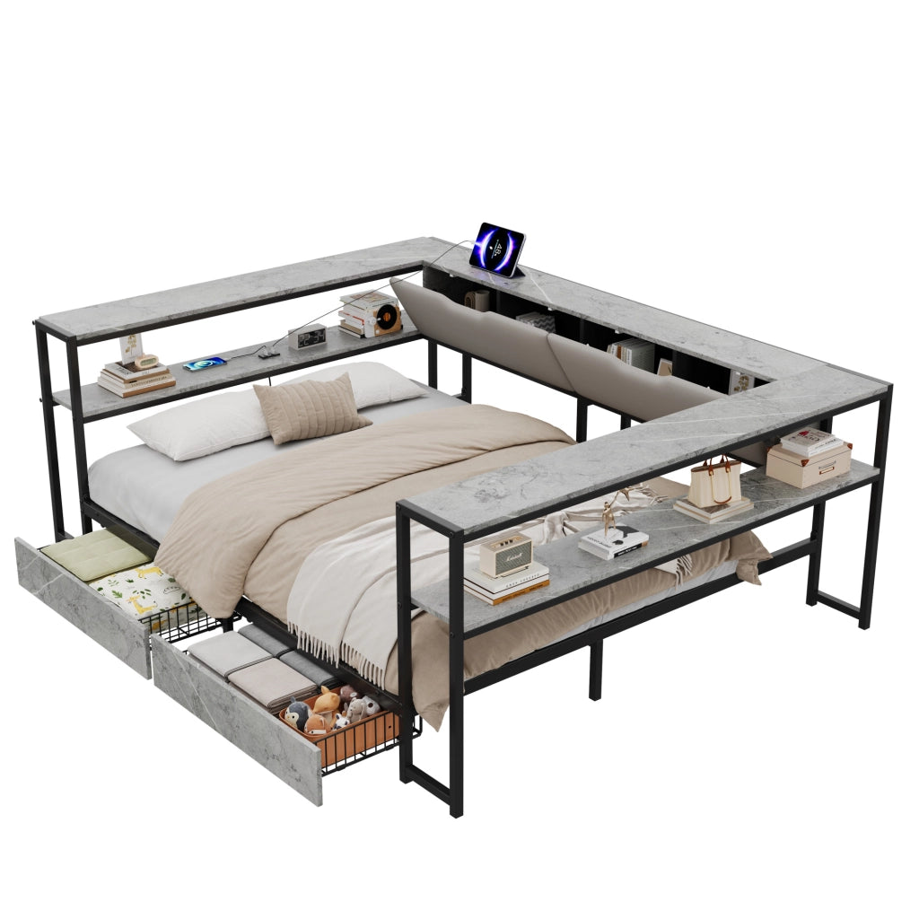 Letto singolo imbottito con contenitori; USB e Type-C; 140x200 cm; grigio in MDF e metallo
