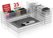 Organizzatore per cassetta da 25 pezzi, organizzatore per cassetta in plastica, ripartitore per cassetta, regolabile e espandibile, cassetta per utensili da cucina, make-up, trasparente, 4 misure - confezione da 25 pezzi