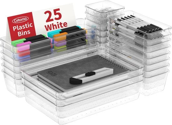 Organizzatore per cassetta da 25 pezzi, organizzatore per cassetta in plastica, ripartitore per cassetta, regolabile e espandibile, cassetta per utensili da cucina, make-up, trasparente, 4 misure - confezione da 25 pezzi