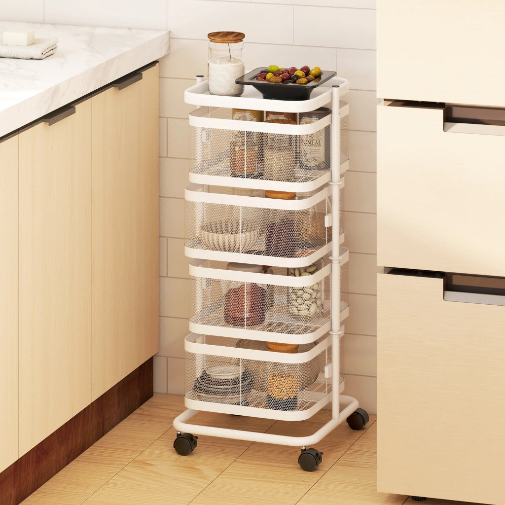 Carrello con 4 cestelli girevoli su ruote ¨C zephmum ¨C bianco, acciaio, 33x33x77cm