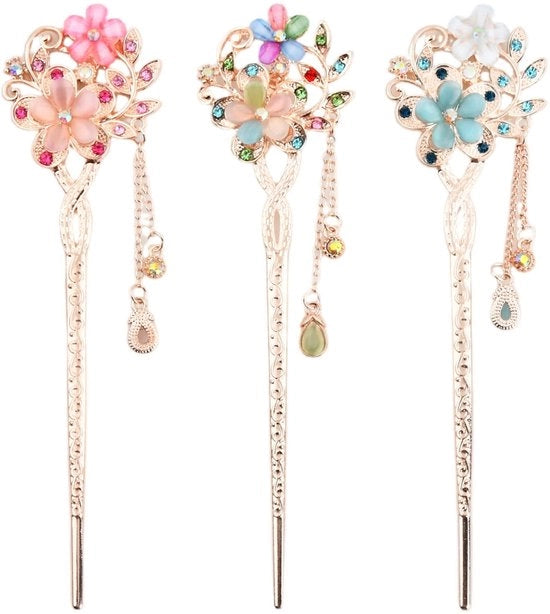Set di spille per capelli vintage - 3 pezzi di spille cinesi con fiori di opale e pennelli per acconciature eleganti, per donne e ragazze