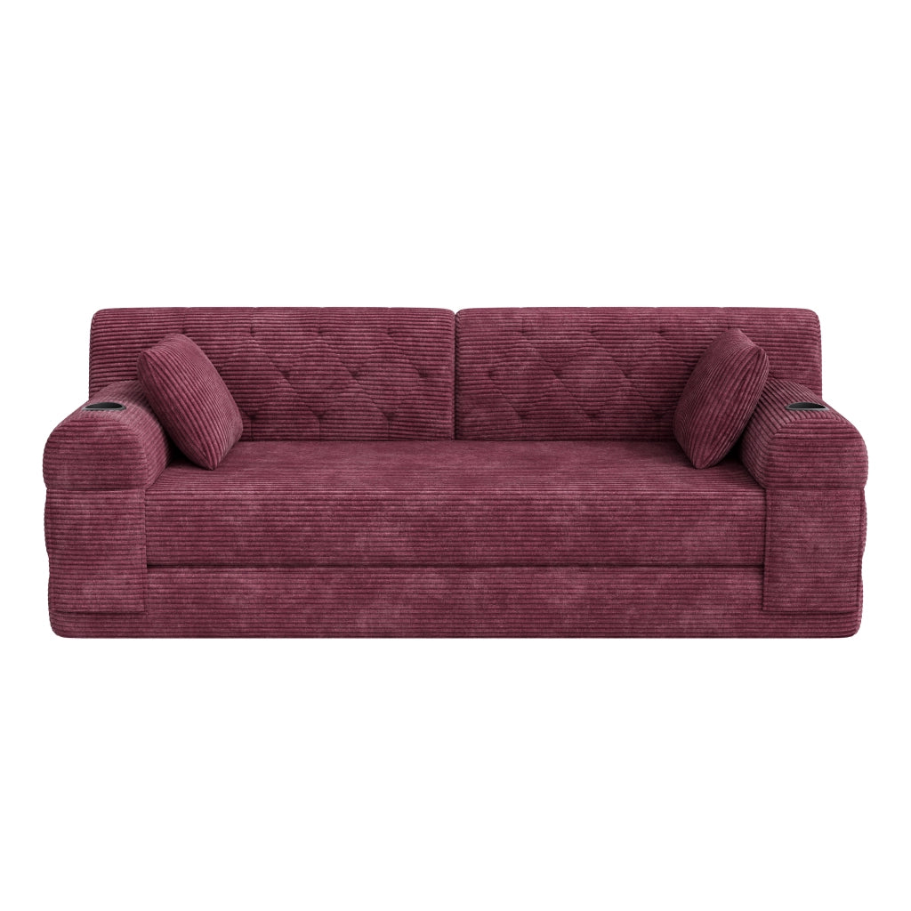 Divano letto 3 posti con schienale alto e tasche laterali in corduroy rosso vino