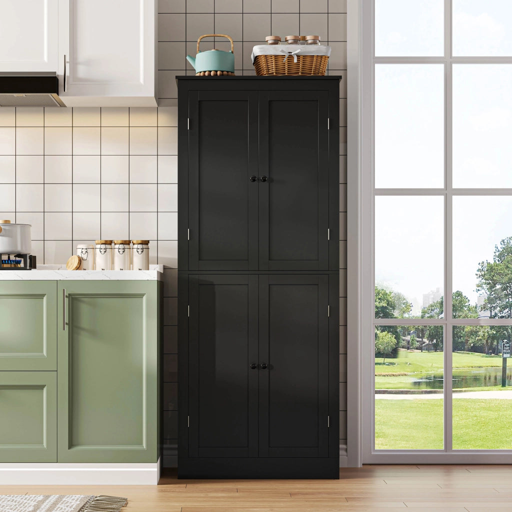 Credenza alta multifunzionale con due ante, ripiani e cassetto interno, 182 × 75 × 40 cm, in MDF, colore nero