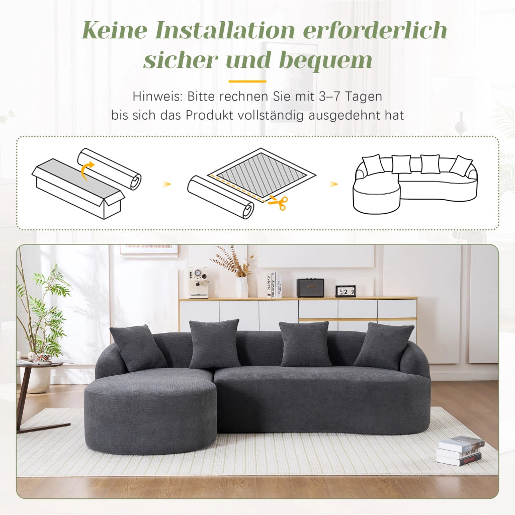 Divano angolare modulare curvo con chaise longue sinistra in chenille senza montaggio grigio scuro 243 × 150 × 67 cm