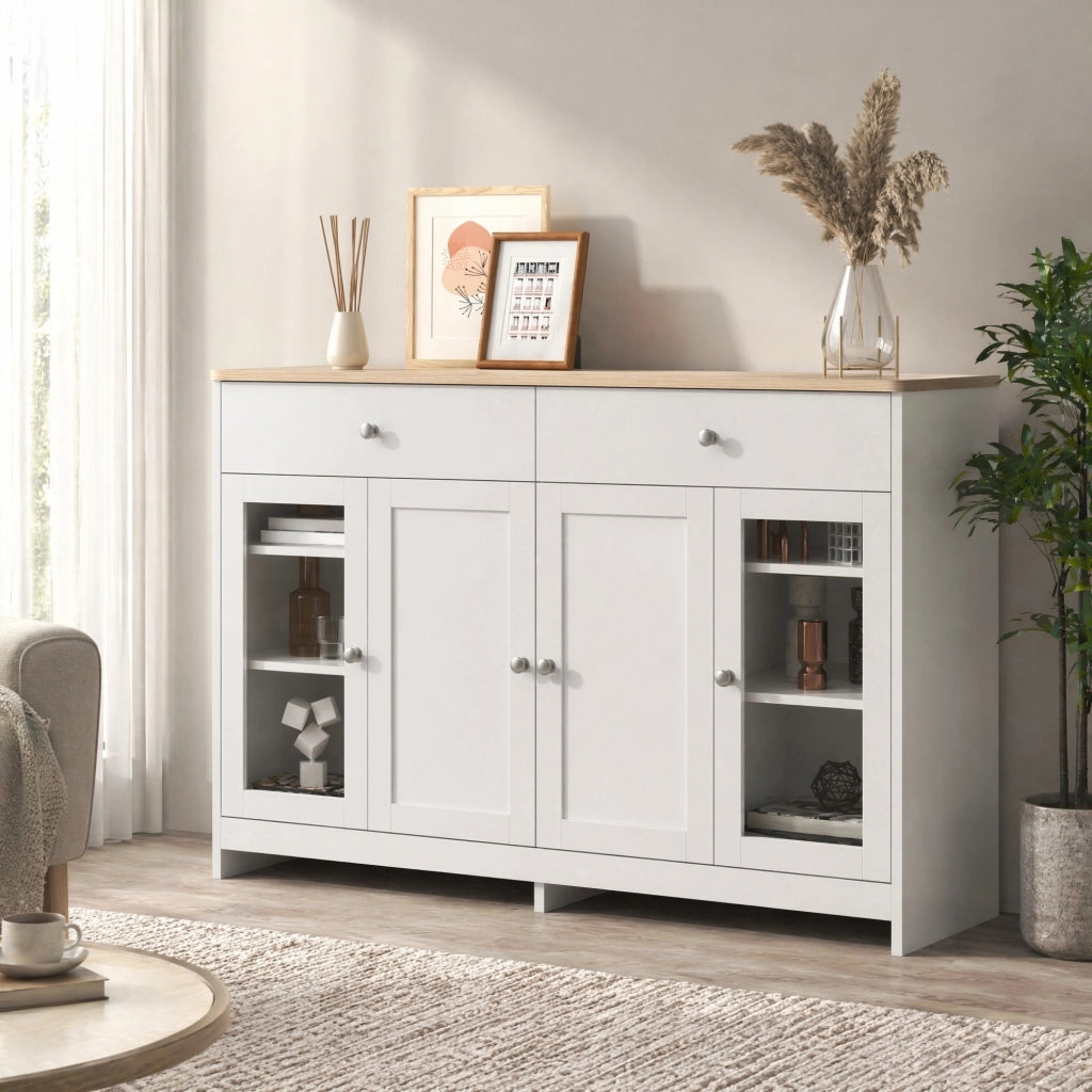 Sideboard rustico 120 cm con 2 cassetti; 4 ante e ripiani regolabili; bianco e legno