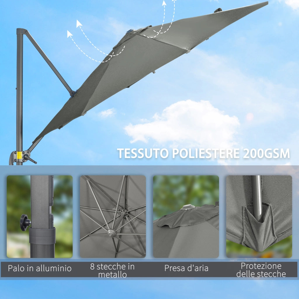 Easycomfort Ombrellone da Giardino Decentrato 3x2.5 m Girevole a 360° con Angolazione Regolabile, Grigio