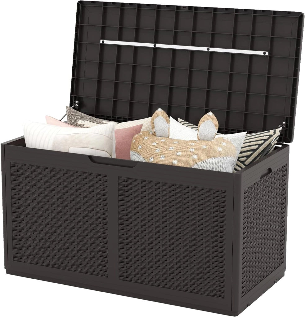 Baule da Esterno 380 L, Cassapanca Contenitore Impermeabile in Effetto Rattan con Coperchio Bloccabile e Ruote, Baule Salvaspazio per Mantenere Cuscini e Attrezzi da Interno e Esterno (Nero)