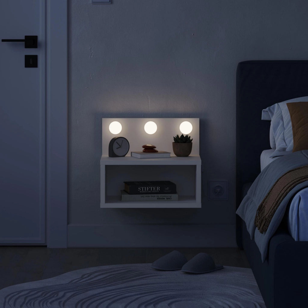 Comodino "Treo" con lampadina in legno - 40 x 30 x 34 cm - Bianco