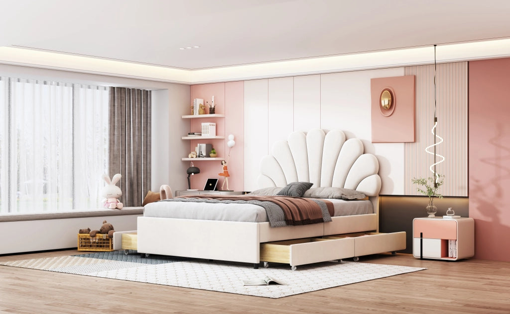 DESMIU Letto matrimoniale 140 × 200 cm 2 posti con 4 cassetti e testiera floreale, senza materasso, beige