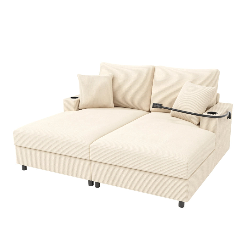Divano 2 posti 163x140 cm in velluto a coste beige con USB e USB-C HOMVRA