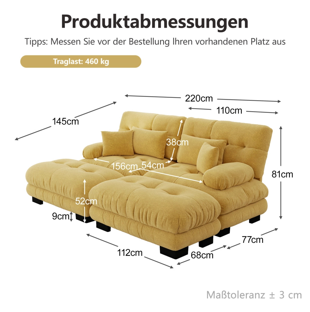 Divano modulare angolare in ciniglia gialla 220x145x81 cm con 2 pouf; cuscini lombari e decorativi