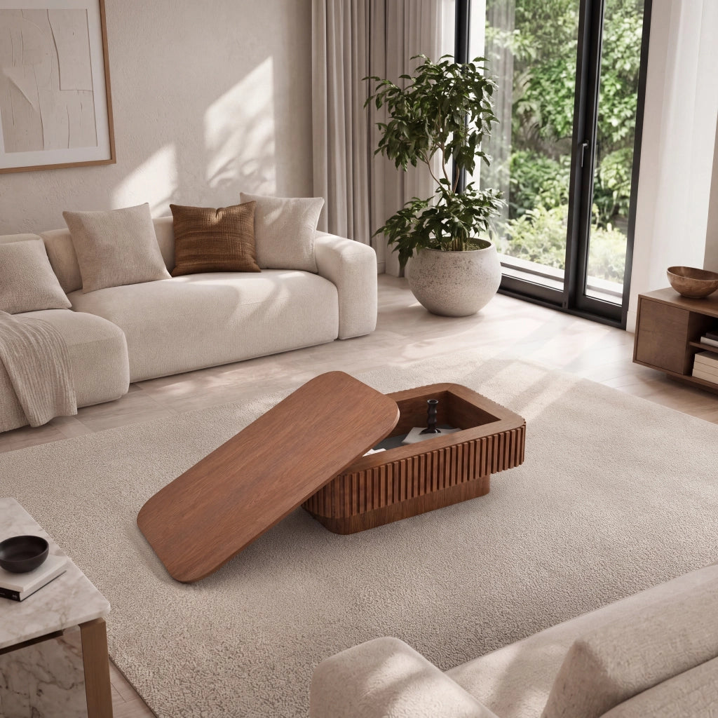 Tavolino basso con contenitore nascosto e coperchio removibile in legno e MDF colore noce