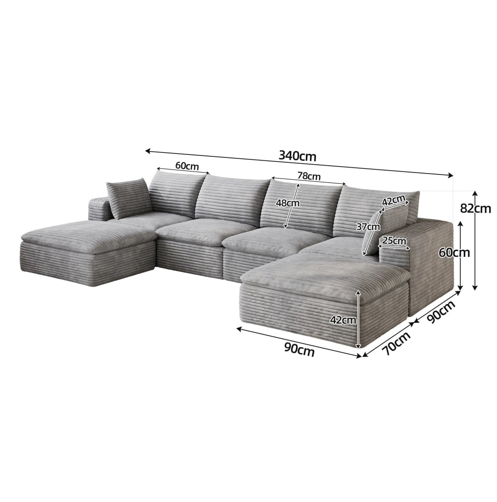 Divano modulare in tessuto grigio con supporto in schiuma; design componibile e imballo compresso