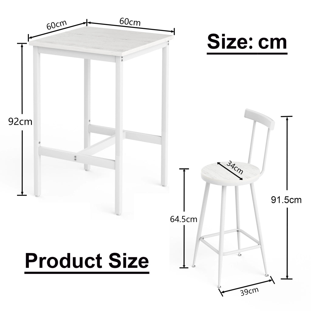 Tavolo da bar con 2 sgabelli con schienale e anello di rinforzo, per cucina e soggiorno, bianco, 60 × 60 × 92 cm
