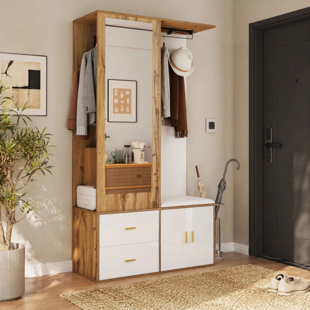 GARDEROBA Ingresso con specchio e panca 100x38x180 cm Bianco/Naturale