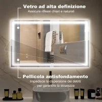 Specchio per Bagno con Luci LED Regolabili a 3 Colori e Strato Antiurto, in Vetro e Metallo, 100x3x60 cm