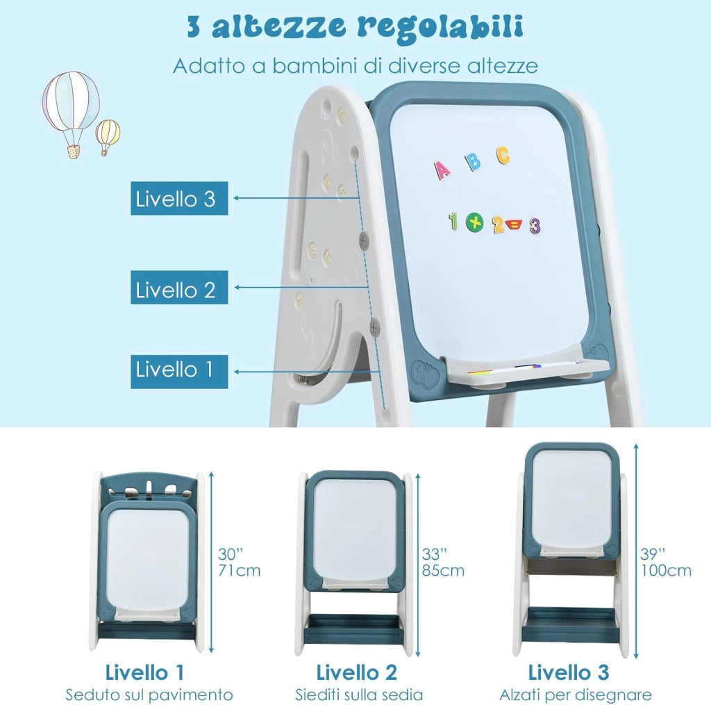 Set 2 in 1 Cavalletto per Bambini, Lavagna Magnetica Multifunzione Bifacciale, Libreria Bambini Altezza Regolabile, con Sedia e Accessori (Blu)