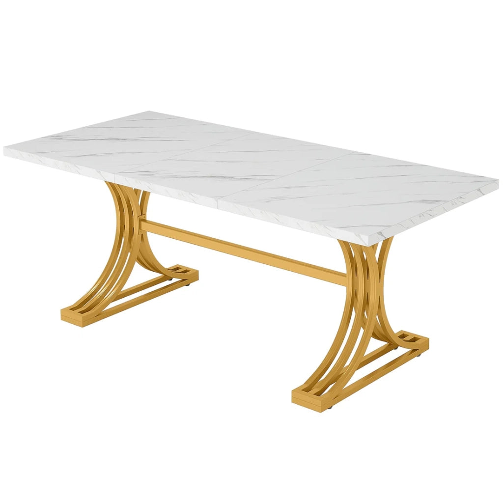 Tavolo da pranzo moderno 160x80 cm con piano effetto marmo e gambe in metallo, bianco e oro
