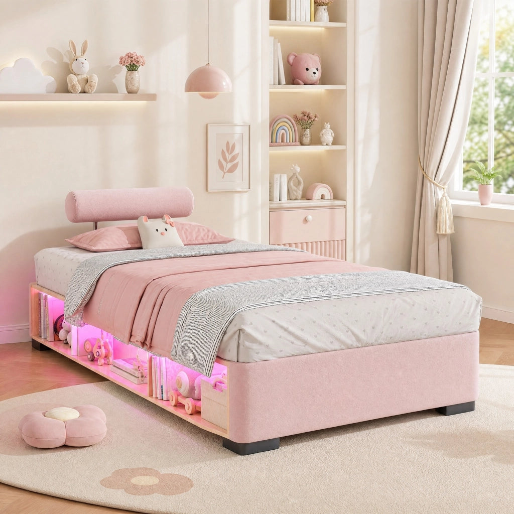 Letto imbottito per bambini rosa 90x200 cm con scaffale LED e spazio contenitore