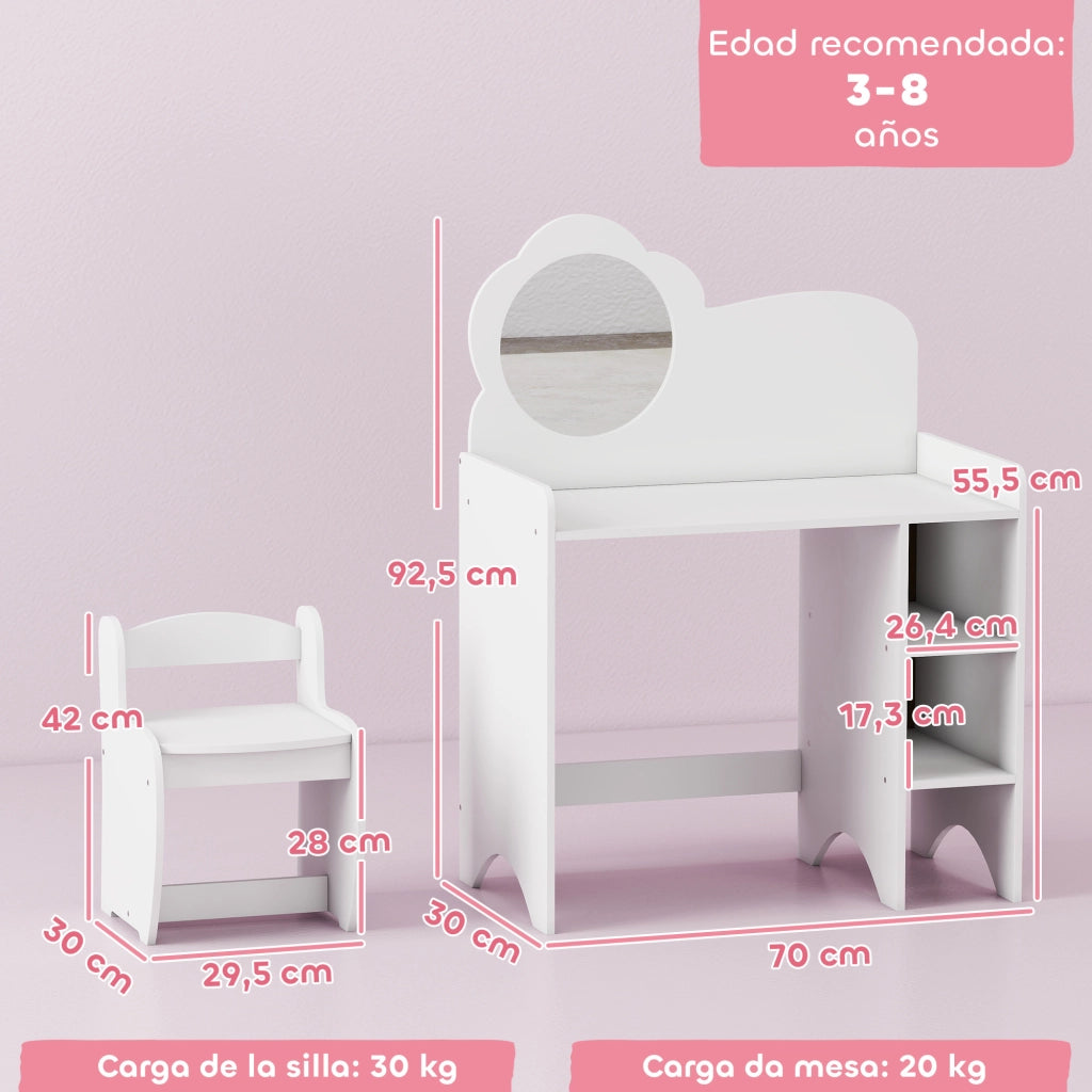 Scrivania Trucco Bambini 2 in 1 con Specchio Sgabello Scaffale ¨C Xylo ¨C Bianco