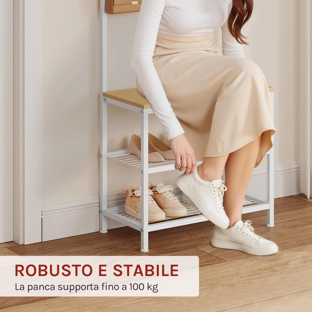 Appendiabiti Panca Porta Scarpe 3 in 1, Scaffale per Scarpe a 2 Livelli con Sedile e 7 Ganci, per Corridoio/Ingresso, Metallo + Legno Ingegnerizzato, Bianco + Rovere Chiaro, 60x31,5x170cm