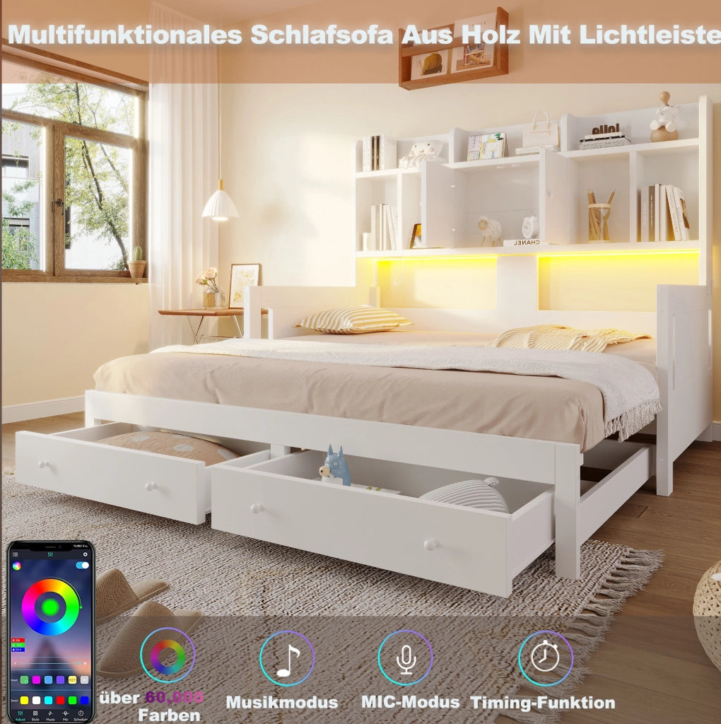 Divano letto estraibile 90x190 cm con LED e prese, bianco