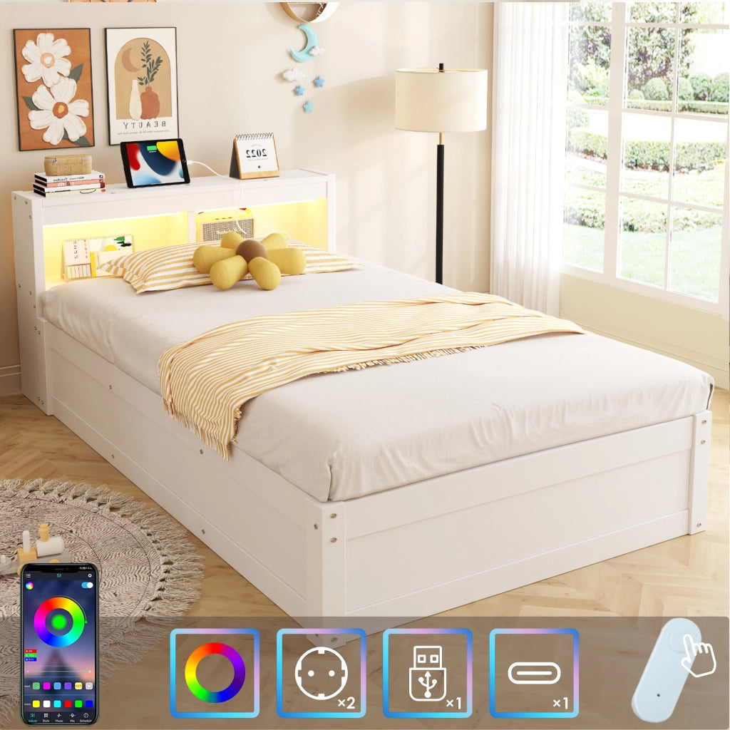 DESMIU Lit contenitore 90 × 200 cm 1 posto con presa, LED, vano idraulico, senza materasso, bianco