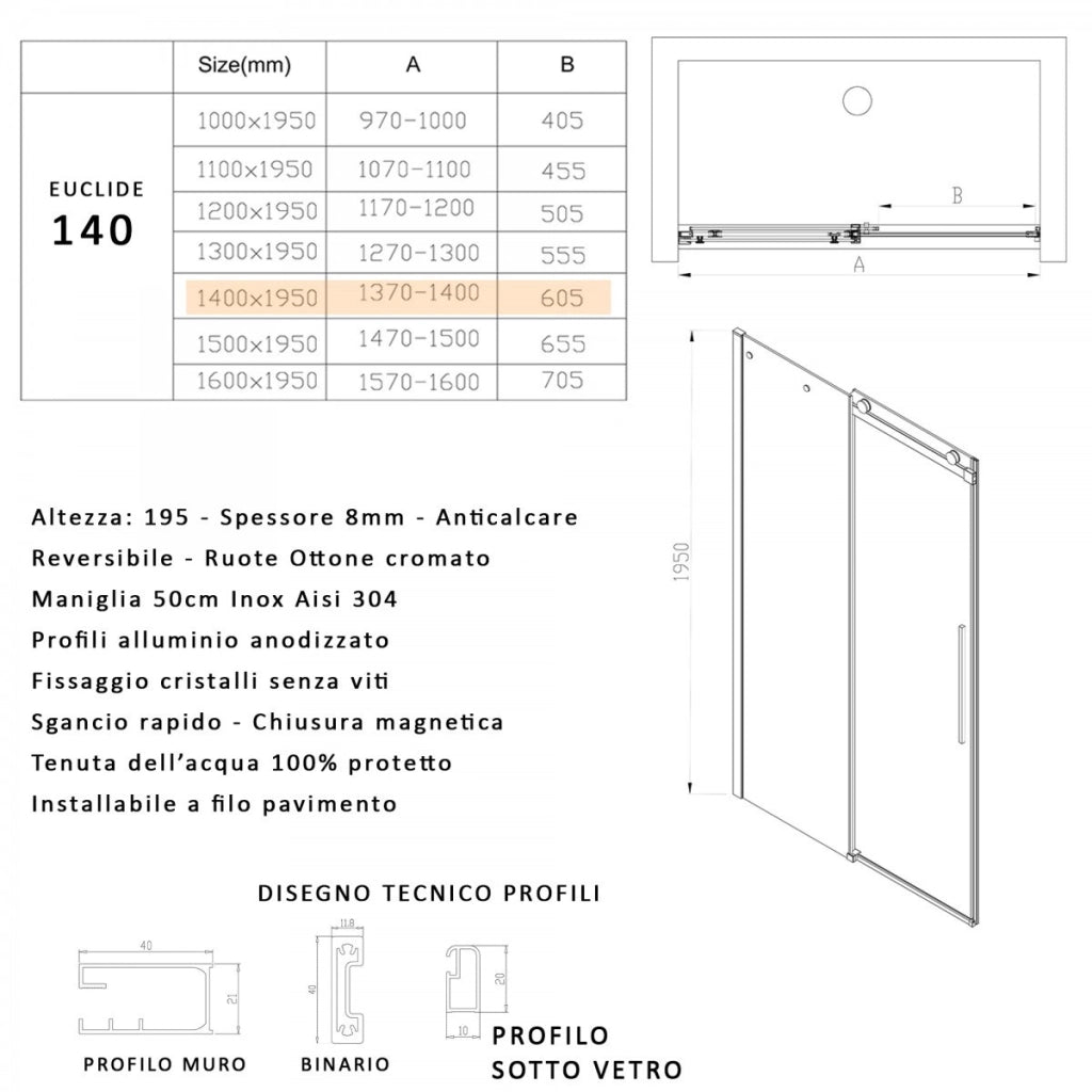 Porta doccia scorrevole fumè anticalcare 195h 8mm euclide, misura 140